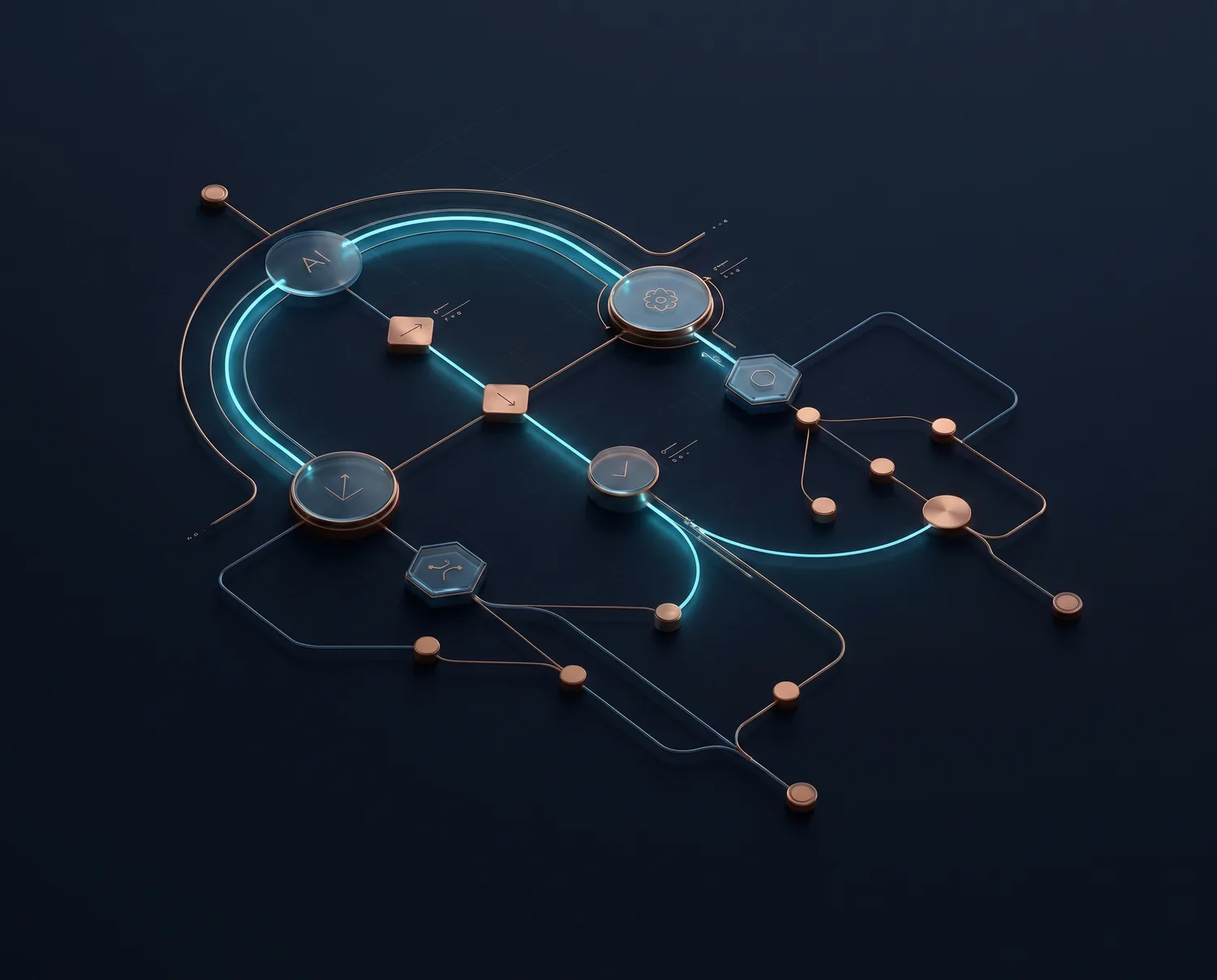 Abstract AI workflow diagram with model output, evaluation, human review, retry paths, and audit trail represented through copper and cyan system nodes.