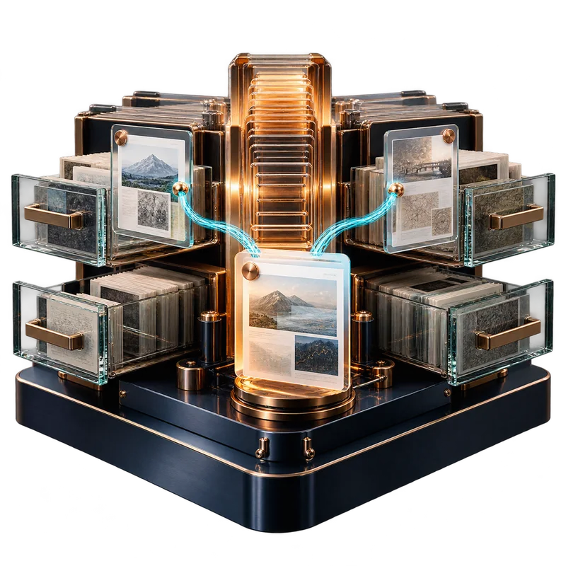 Copper and glass knowledge archive with connected source documents.
