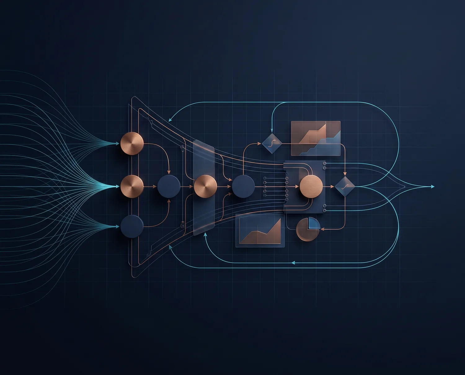 Abstract growth infrastructure graphic showing acquisition signals, funnel events, lifecycle loops, CRM paths, and commercial decision nodes.