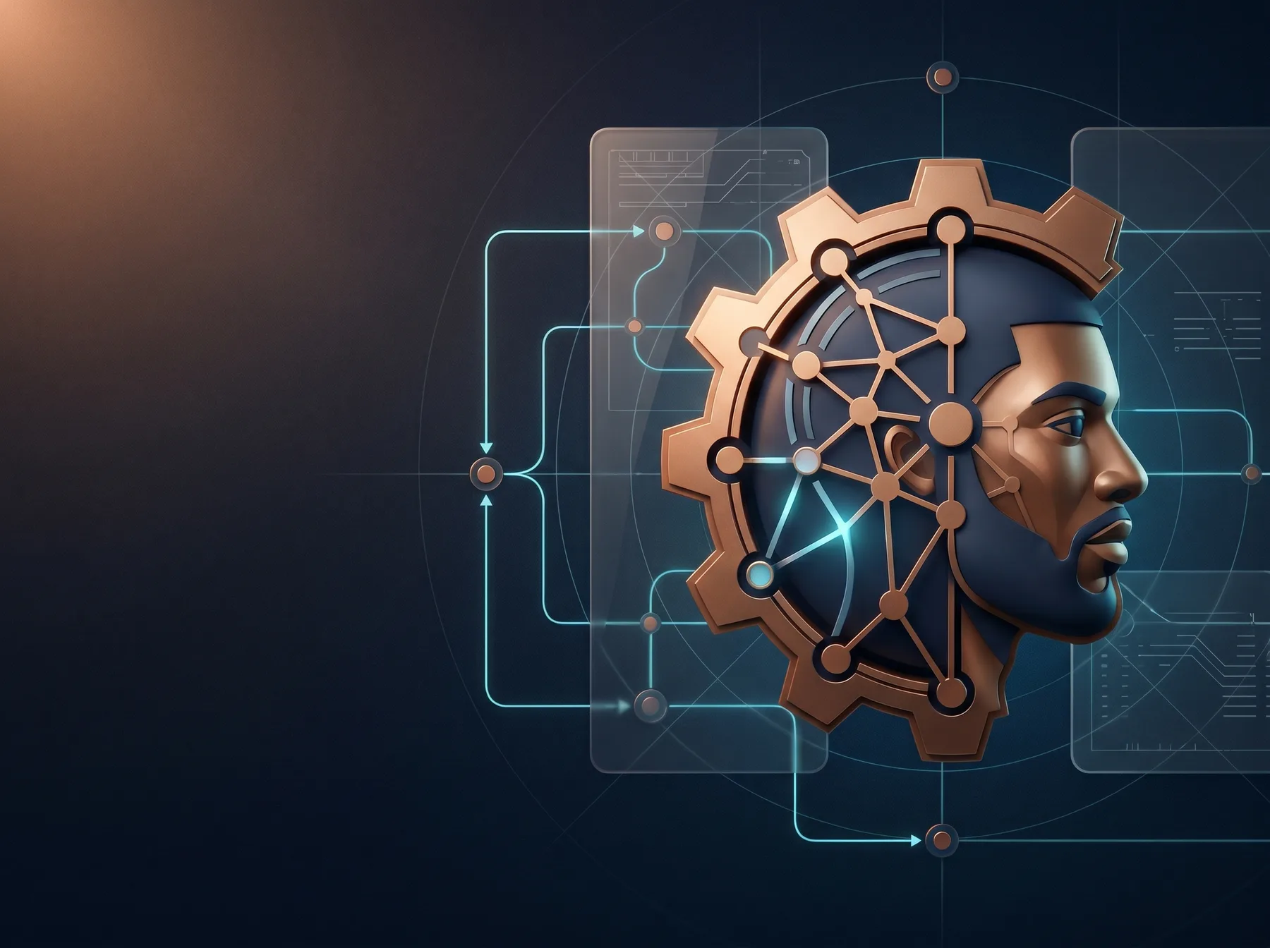 Abstract Model Operator hero visual showing a bronze human-machine profile connected to cyan workflow nodes on a dark navy technical background.