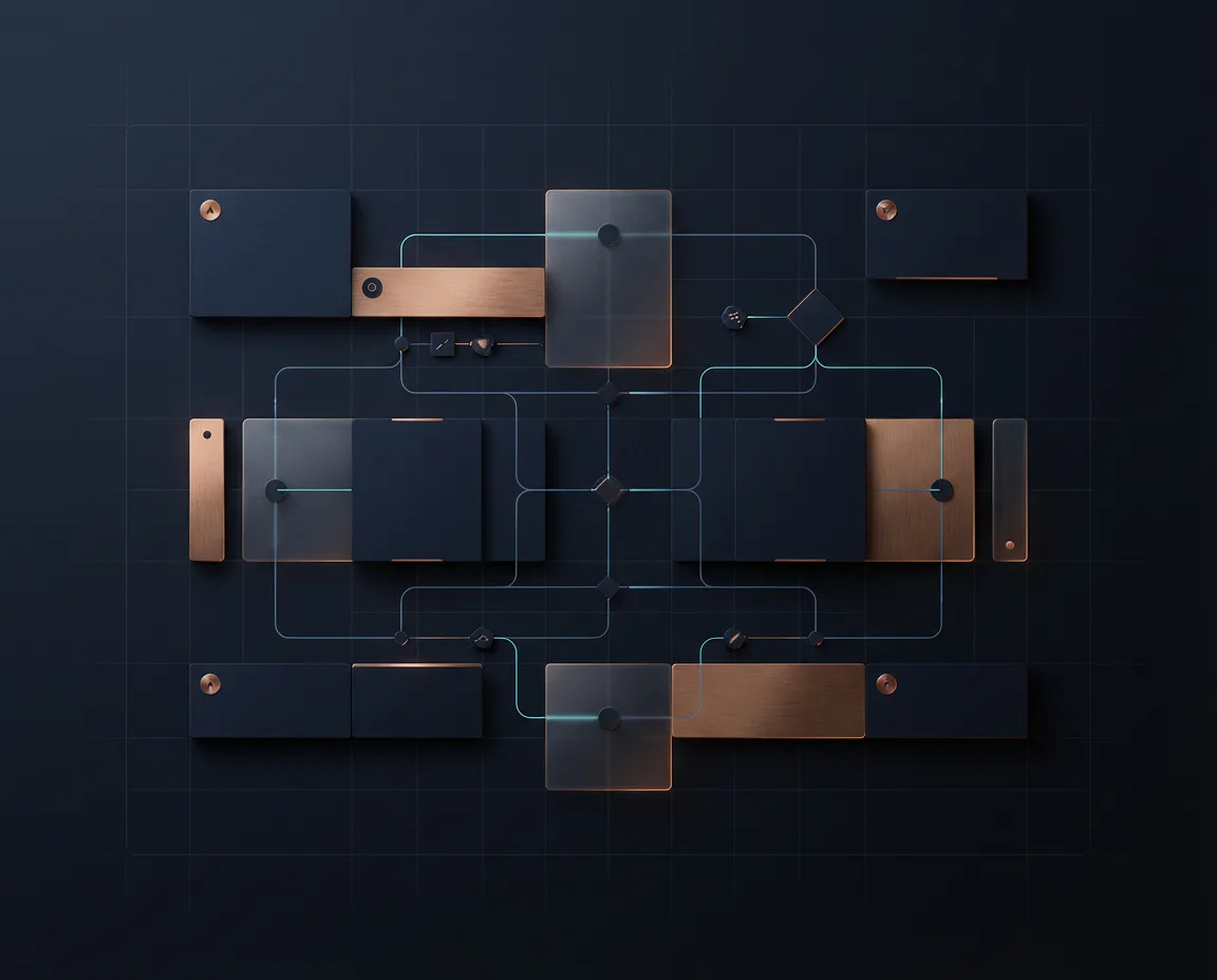 Abstract internal tooling composition showing workflow routing, automation paths, ownership markers, and operational quality gates.