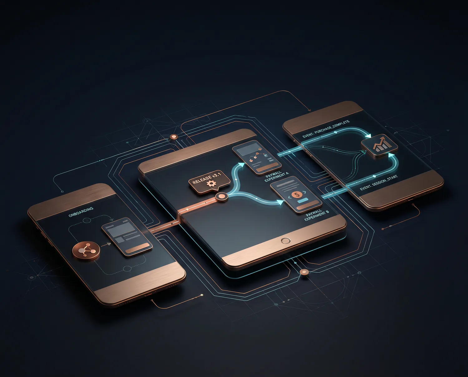 Abstract mobile product building visual with app screen silhouettes, release markers, tracking event paths, and paywall experiment geometry.