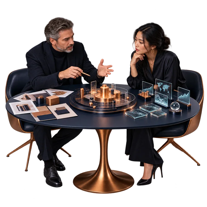Two people considering research and business signals around a copper and navy planning table.