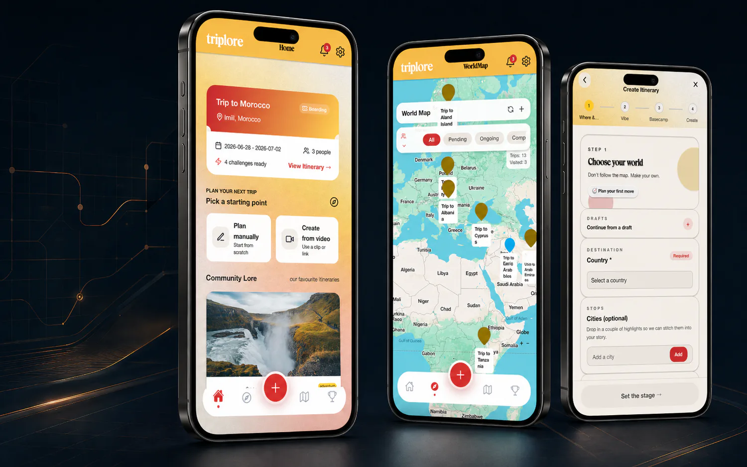 Triplore mobile app screens presented in a dark Model Operator product showcase, highlighting itinerary planning and collaborative travel flows.