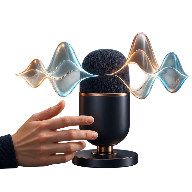 A navy microphone surrounded by copper and ice-blue sound waves.